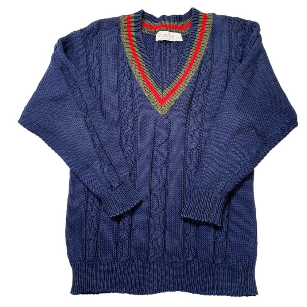 Irish cable knit cotton v neck sweater sz medium